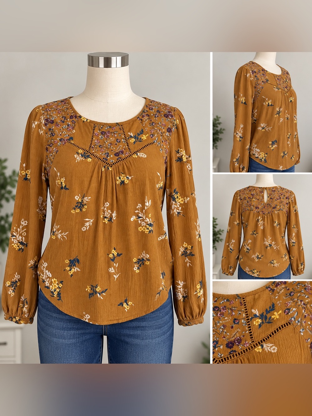 Rewind Mustard Floral Peasant Blouse